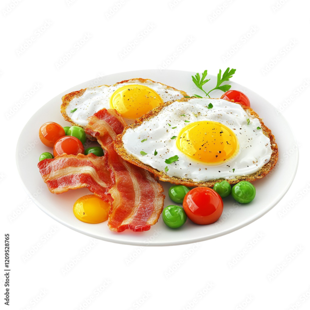 Delicious fried eggs bacon and veggies breakfast plate Delicious fried eggs bacon and veggies breakfast plate
