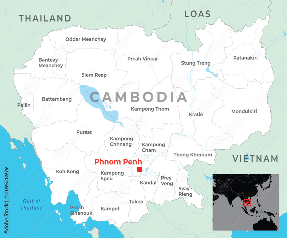 Fototapeta premium Cambodia map, capital Phnom Penh, with national borders