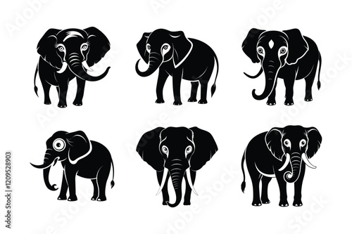 Sri Lankan Elephant (Elephas maximus maximus) mammal animal, labeled silhouette vector art illustration.