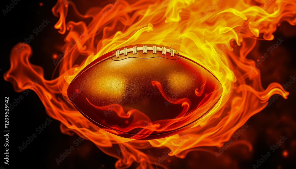A bold image of a metallic football glowing amidst swirling, fiery flames, evoking energy, speed, and determination. A bold image of a metallic football glowing amidst swirling, fiery flames, evoking energy, speed, and determination.