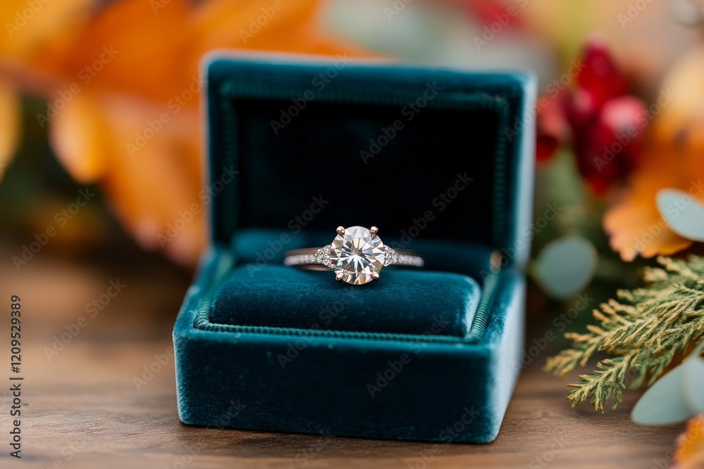 Elegant diamond ring displayed in a green velvet box among autumn leaves and greenery Elegant diamond ring displayed in a green velvet box among autumn leaves and greenery
