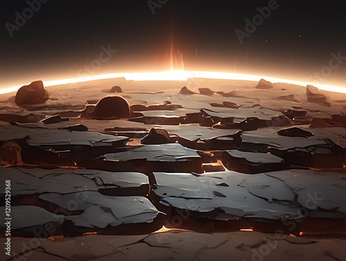 Cracked planet surface at sunrise.