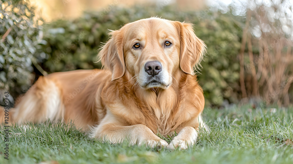 Golden Retriever Dog Lying in Grass, puppy, canine, pet, animal, mammal Golden Retriever Dog Lying in Grass, puppy, canine, pet, animal, mammal