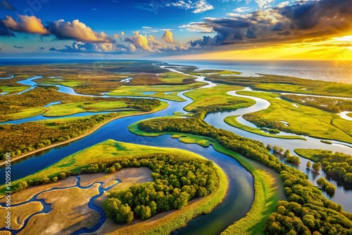 Wallpaper Mural Aerial View of Lush River Delta Ecosystem, Intricate Waterways & Islands Torontodigital.ca