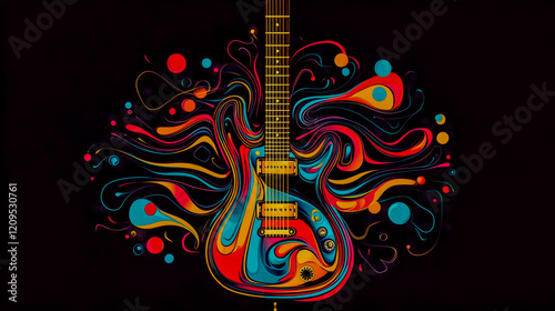 Vibrant Electric Guitar with Bold, Colorful Designs – T-shirt Graphic Vector Illustration, Contoured Lines, Flat Black Background