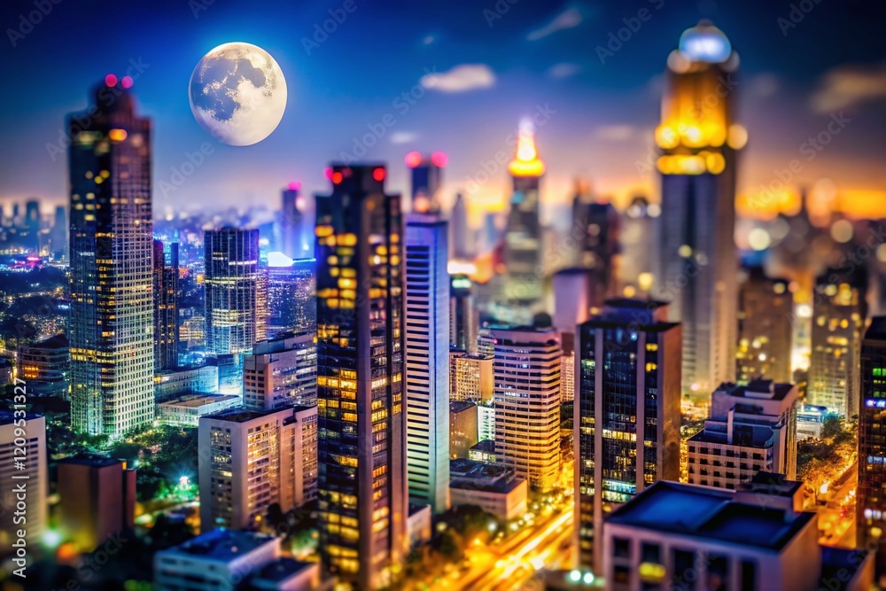 Miniature Moonlit Cityscape: Tilt-Shift Night View of Urban Skyline Miniature Moonlit Cityscape: Tilt-Shift Night View of Urban Skyline