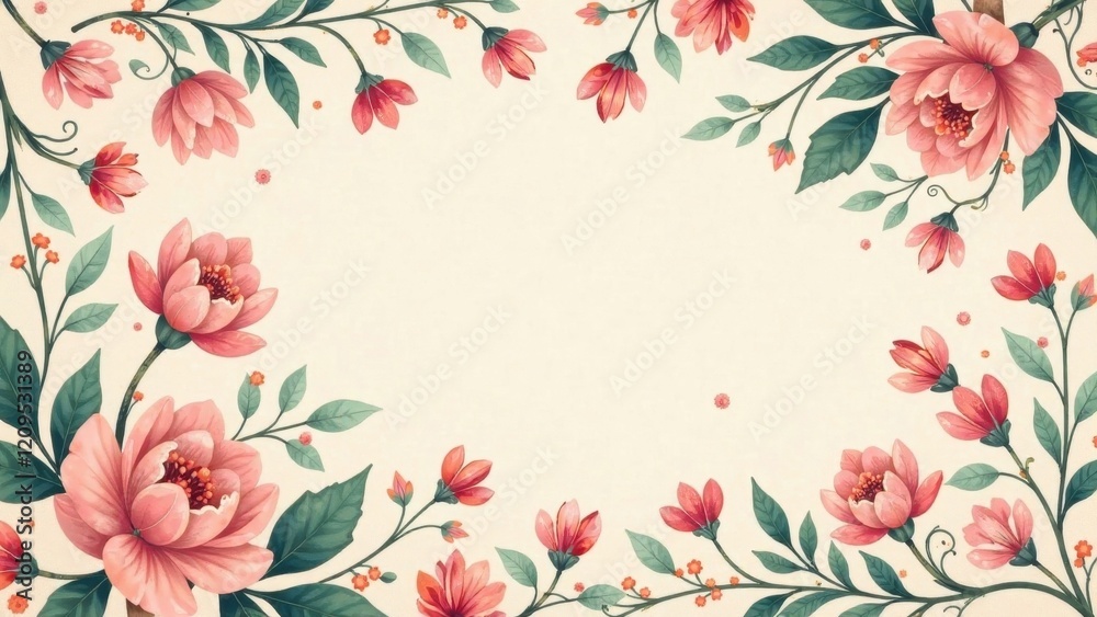 Obraz premium Elegant Floral Frame Delicate Pink Blossoms and Lush Greenery Create a Romantic Border for Your Design Projects
