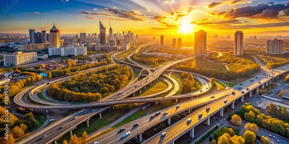 Obraz premium Aerial View of Moscow Highway Interchange at Sunset, Russia