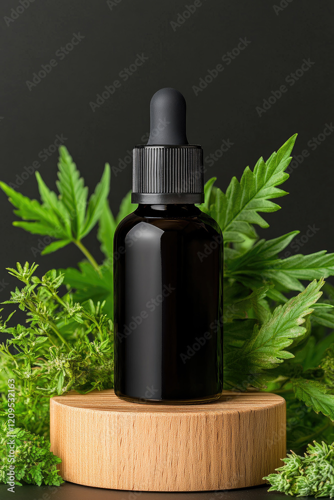 Black dropper bottle on a wooden stand with green leaves Black dropper bottle on a wooden stand with green leaves