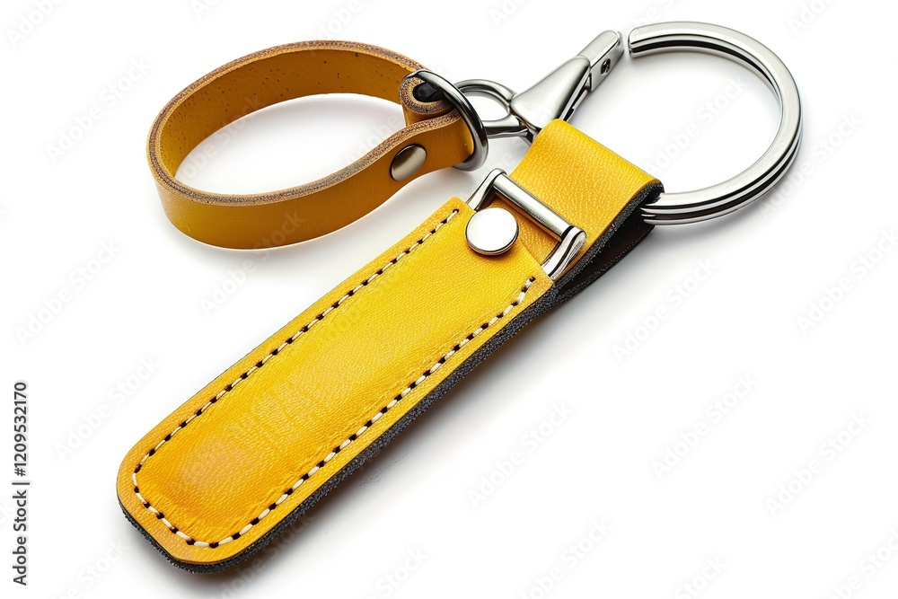 A rectangular yellow leather keychain holder with a steel carabiner is set against a white backdrop, Generative AI. A rectangular yellow leather keychain holder with a steel carabiner is set against a white backdrop, Generative AI.