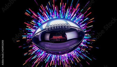 A sleek metallic football surrounded by dynamic multicolored neon bursts, radiating energy and vibrance.