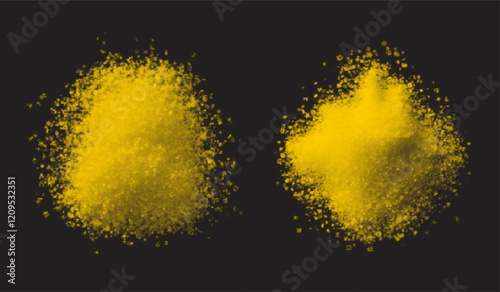  vector collection of turmeric textures: fine powder, coarse particles, and scattered piles. High-quality on black background, ideal for culinary, wellness, or design projects. Vibrant and natural.