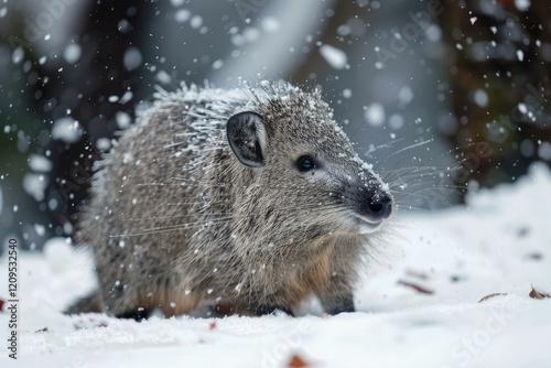 Close up of a rock hyrax - procavia capensis - during a snowfall, showcasing its resilience in cold weather