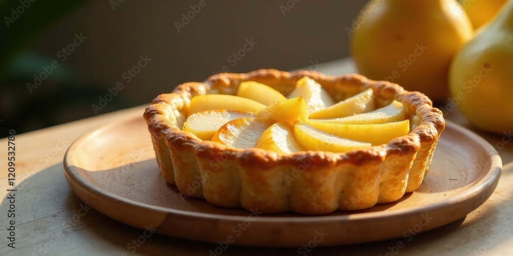 Golden-hued pear tartlet, baked to perfection, rests on a rustic wooden plate, bathed in warm sunlight, a delightful autumnal treat Golden-hued pear tartlet, baked to perfection, rests on a rustic wooden plate, bathed in warm sunlight, a delightful autumnal treat