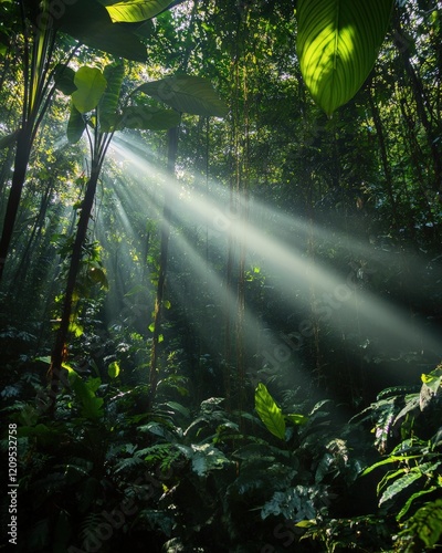 Vibrant Amazon Rainforest with Sunlight Through Dense Foliage