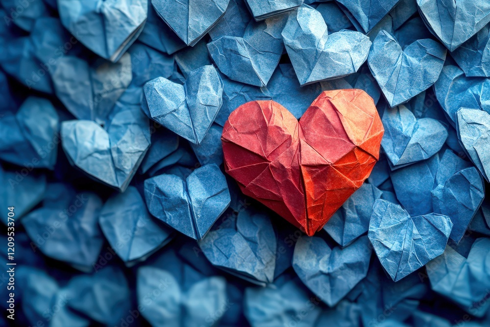 Intricate Red Origami Heart with Blue Background for Romantic Touch