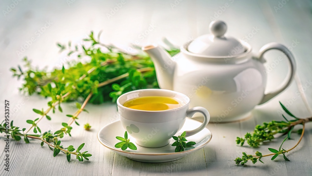 Miniature Teapot & Green Tea Cup with Thyme Sprig - Tilt-Shift Photography Miniature Teapot & Green Tea Cup with Thyme Sprig - Tilt-Shift Photography