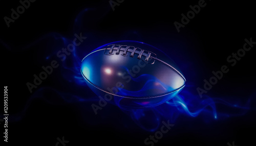 A glowing metallic football surrounded by dynamic blue electric swirls, floating in a futuristic black space.