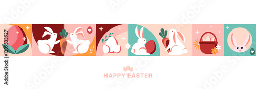 Abstract geometric Happy Easter decorated border pattern card, banner, packaging, advertising, print. Easter eggs, Bunnies, abstract flowers icons in abstract vintage style. Vector illustration