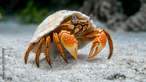 Hermit Crab in Seashell on Sandy Beach, crustacean, ocean, marine life, underwater, aquatic photo