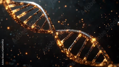 Explore the intricate structure of DNA highlighted by shimmering golden strands and particles.