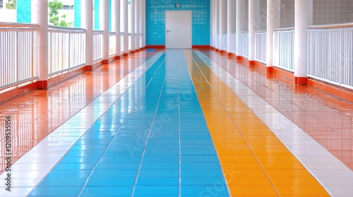 Colorful corridor interior, building hallway, bright tiled floor, perspective view, architectural design