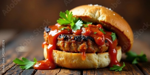 Savory Patty Melt Sandwich Topped with Zesty Sauce and Fresh Herbs on Rustic Wooden Surface photo