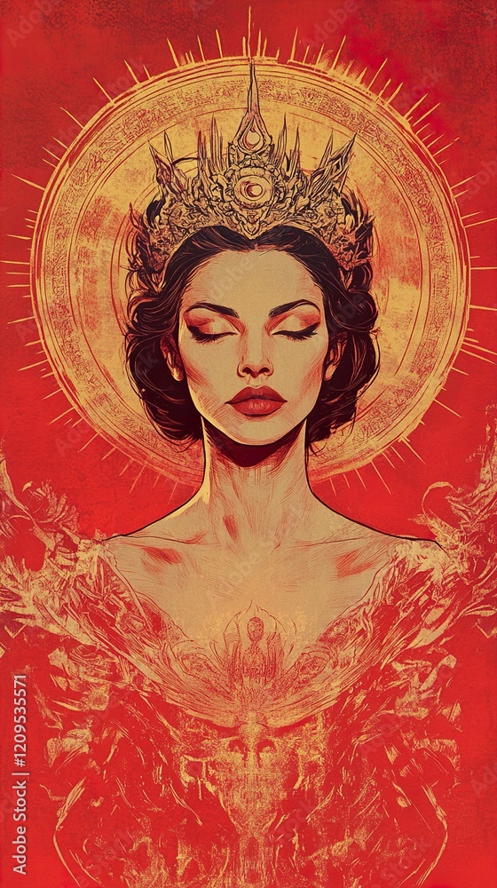 Fototapeta premium Serene Queen: A Red and Gold Fantasy Portrait