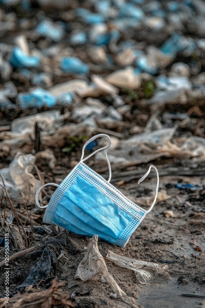 Discarded blue face mask lies amongst other litter. Discarded blue face mask lies amongst other litter.