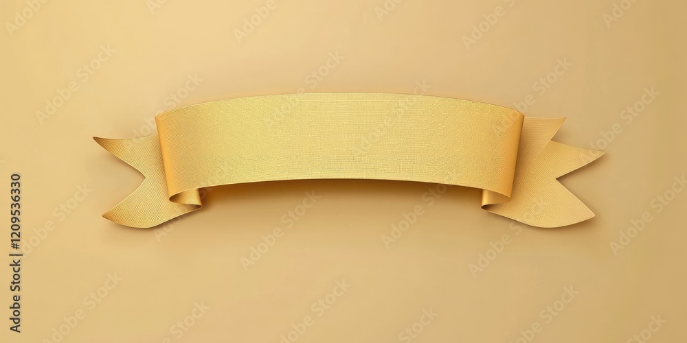 Elegant golden banner with curled edges centered on a soft beige background, perfect for adding custom text or promotional content. Elegant golden banner with curled edges centered on a soft beige background, perfect for adding custom text or promotional content.
