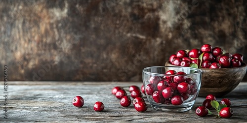 Collection of vibrant red dogwood berries in a glass bowl and wood bowl on rustic wooden table with ample negative space for text photo