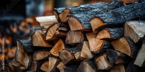 Chopped wooden logs stacked neatly in warm brown tones, soft focus autumn backdrop with space for text, creating a cozy fireplace atmosphere. photo