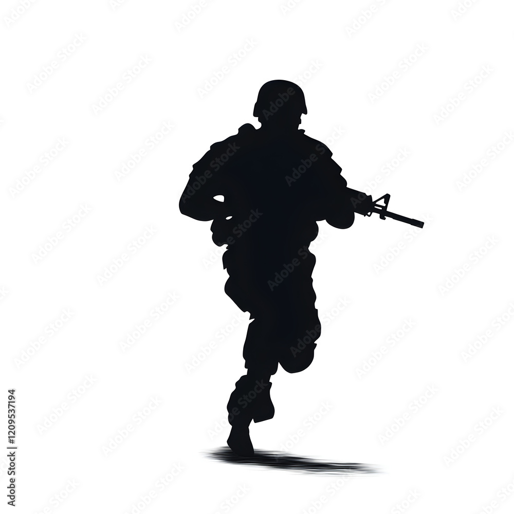 A silhouette of a soldier running with a rifle, symbolizing military urgency. Soldier running with rifle.
A silhouette of a soldier running with a rifle, symbolizing military urgency. Soldier running with rifle.