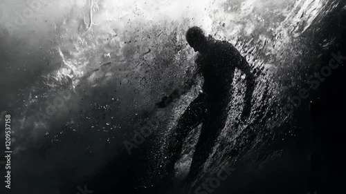 A person stands in falling water, forming a striking silhouette against a dark background.