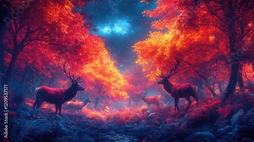 Autumn deer forest night fantasy art photo