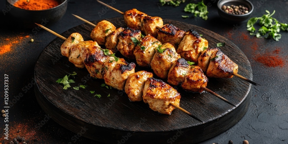 Grilled chicken shish kebab on a round black wooden board garnished with herbs set against a dark stone background with scattered spices Grilled chicken shish kebab on a round black wooden board garnished with herbs set against a dark stone background with scattered spices