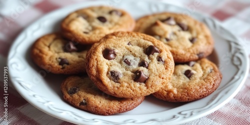 Freshly baked chocolate chip cookies arranged on a white decorative plate, featuring warm golden-brown edges and chocolate morsels on a checkered tablecloth. photo