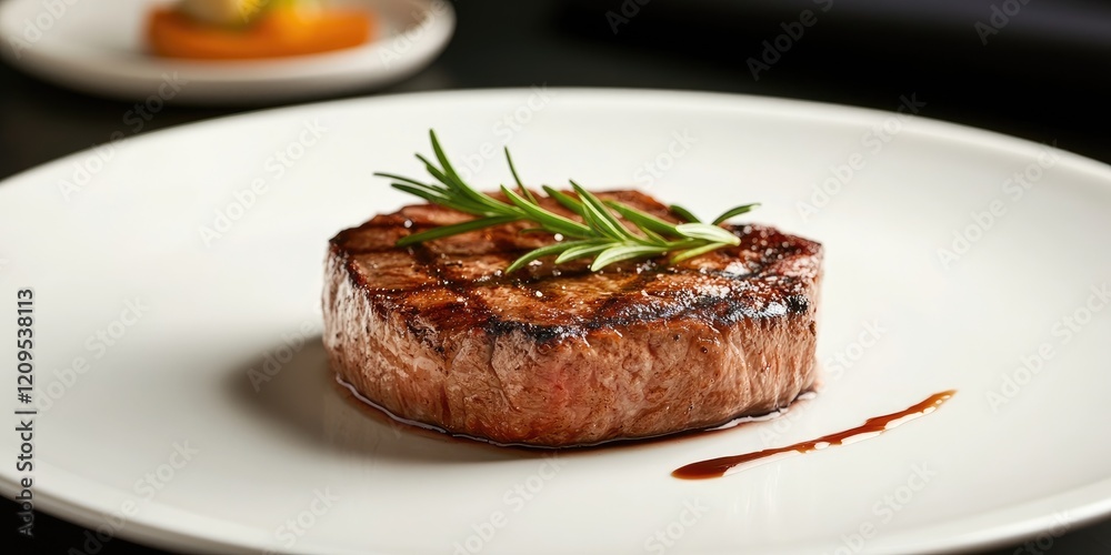 Grilled beef steak on a white plate with rich brown juices and green rosemary sprig against dark background creating elegant contrast. Grilled beef steak on a white plate with rich brown juices and green rosemary sprig against dark background creating elegant contrast.