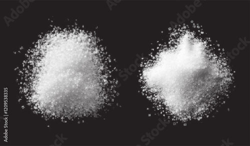 vector collection of sugar textures in various forms: fine powder, crystals, and coarse granules. High-quality images with a black background, ideal for design, culinary, or background use.	
