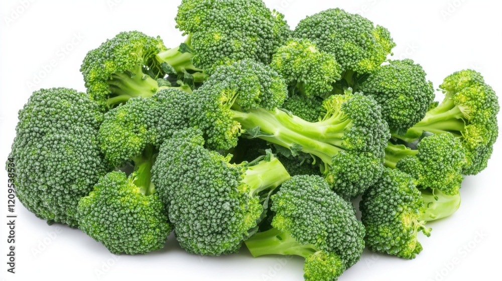 A cluster of fresh, green broccoli florets with their tree-like shapes and bumpy textures, Each broccoli’s vibrant color and subtle imperfections captured with precision