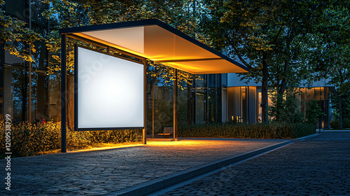 An empty lightbox mockup at a roadside bus stop, surrounded by modern urban architecture photo