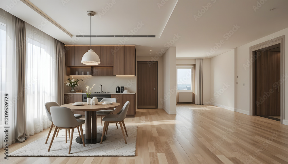 modern apartment with a dining room furnished with a table and chairs, as well as an empty living room with a beige wall modern apartment with a dining room furnished with a table and chairs, as well as an empty living room with a beige wall