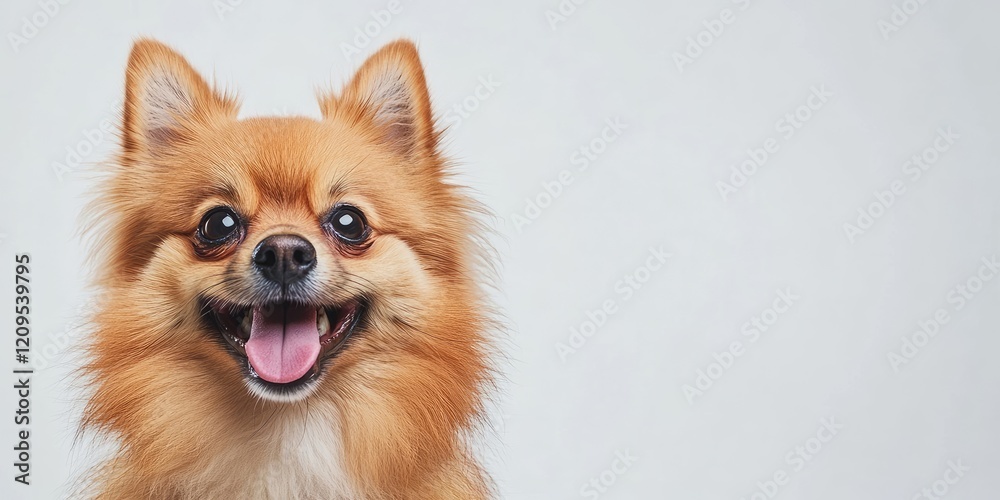 Joyful Pomeranian dog with a wide smile and tongue out, sitting against a light grey backdrop, highlighting happiness and pet care themes. Joyful Pomeranian dog with a wide smile and tongue out, sitting against a light grey backdrop, highlighting happiness and pet care themes.