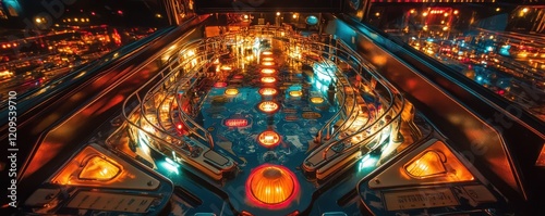 A vintage pinball machine with flashing lights and clanging bells, its addictive gameplay drawing in players of all ages.