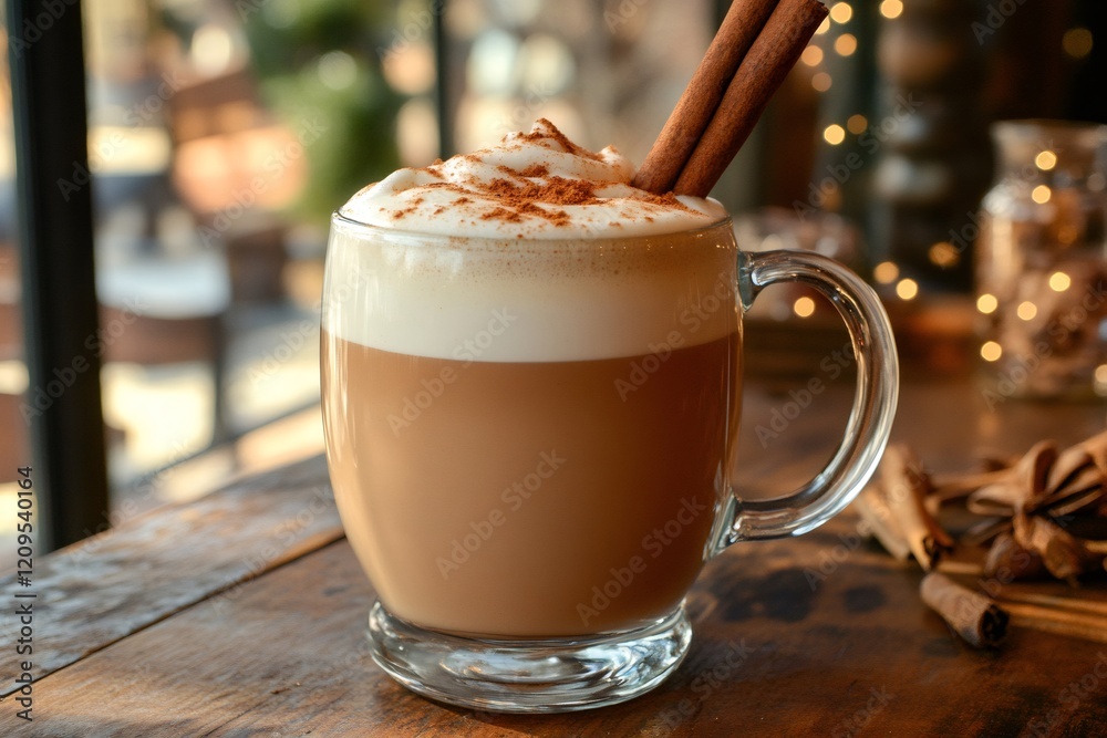 Creamy cappuccino decorated with cinnamon sticks and powder in a cozy cafe Creamy cappuccino decorated with cinnamon sticks and powder in a cozy cafe