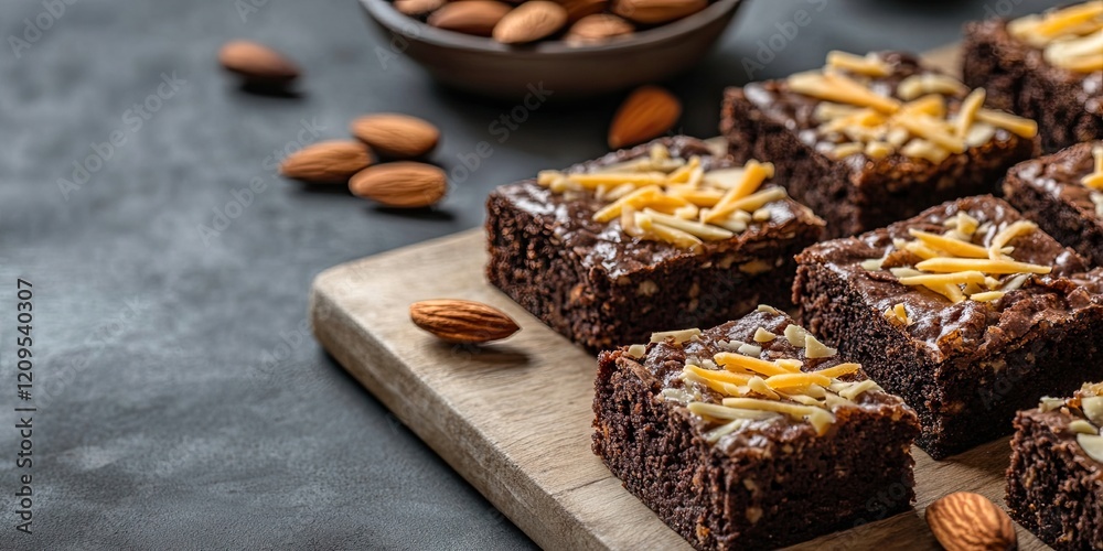 Rich brownie slices topped with cheddar cheese and almonds on a wooden board against a dark gray background with scattered almonds and tea time ambiance. Rich brownie slices topped with cheddar cheese and almonds on a wooden board against a dark gray background with scattered almonds and tea time ambiance.