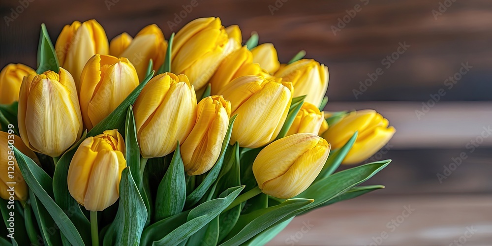 Vibrant bouquet of yellow tulips arranged elegantly with lush green leaves against a warm wooden backdrop celebrating springtime beauty Vibrant bouquet of yellow tulips arranged elegantly with lush green leaves against a warm wooden backdrop celebrating springtime beauty