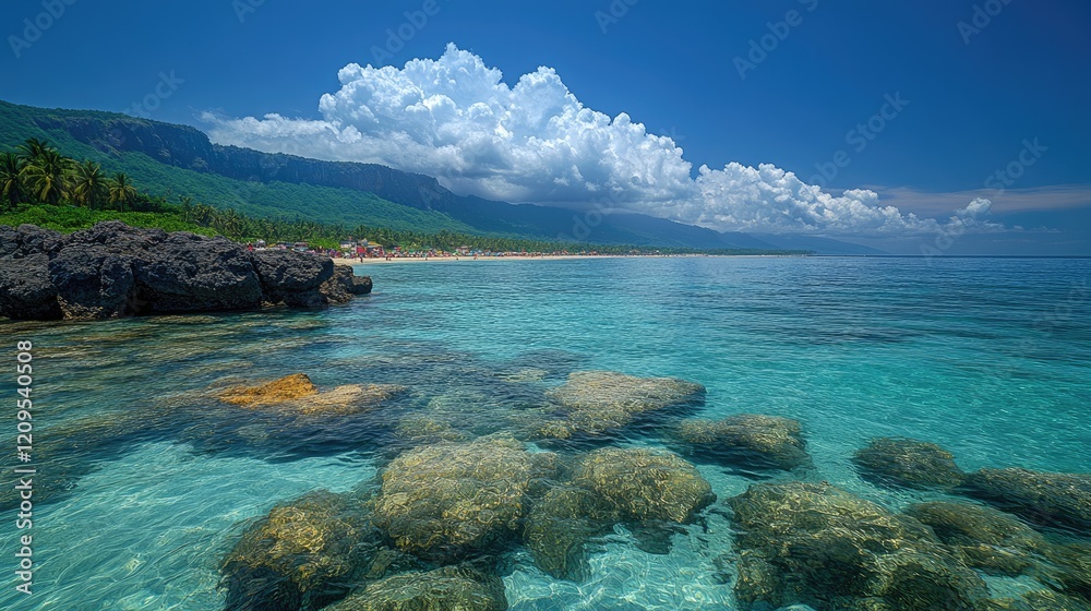 Fototapeta premium Tropical beach rocks turquoise water mountain backdrop summer vacation