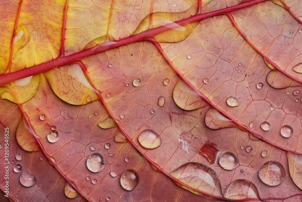 Fototapeta premium Close up of water droplets clinging to the intricate veins of a colorful autumn leaf