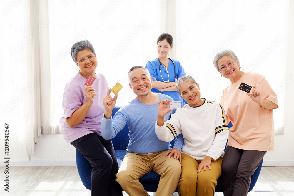 Cheerful group of elderly individuals and a caregiver, all smiling and holding a credit card, in a bright, welcoming environment. The nursing home facilitates a support group. Caregiver advertisement Cheerful group of elderly individuals and a caregiver, all smiling and holding a credit card, in a bright, welcoming environment. The nursing home facilitates a support group. Caregiver advertisement